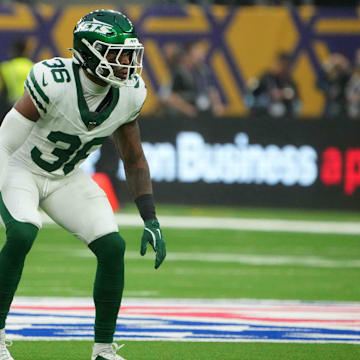 Oct 6, 2024; London, United Kingdom; New York Jets safety Chuck Clark (36) against the Minnesota Vikings in the second half at Tottenham Hotspur Stadium. Mandatory Credit: Kirby Lee-Imagn Images