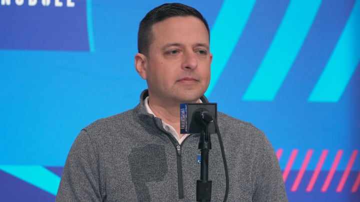 Feb 27, 2024; Indianapolis, IN, USA; New England Patriots director of scouting Eliot Wolf during the NFL Scouting Combine at Indiana Convention Center. Mandatory Credit: Kirby Lee-Imagn Images