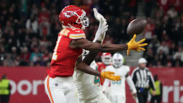 Nov 5, 2023; Frankfurt, Germany; Kansas City Chiefs wide receiver Marquez Valdes-Scantling (11) attempts to catch the ball against Miami Dolphins cornerback Kader Kohou (4) in the second half during an NFL International Series game at Deutsche Bank Park. Mandatory Credit: Kirby Lee-Imagn Images