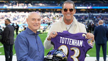 Oct 15, 2023; London, United Kingdom; Baltimore Ravens owner Steve Bisciotti (right) poses with Tottenham Hotspur chairman Daniel Levy during an NFL International Series game at Tottenham Hotspur Stadium. Mandatory Credit: Kirby Lee-Imagn Images