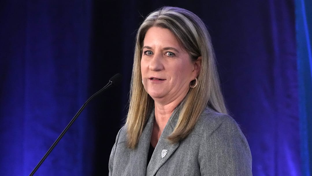Oct 25, 2022; San Francisco, CA, USA; Deputy commissioner Teresa Gould speaks during Pac-12 Women's Basketball Media Day at the Pac-12 Network Studios. Mandatory Credit: Kirby Lee-Imagn Images