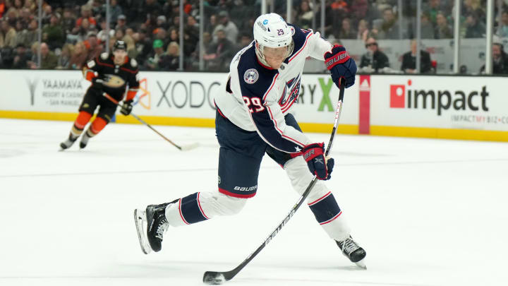 aMar 17, 2023; Anaheim, California, USA; Columbus Blue Jackets left wing Patrik Laine (29) shoots the puck against the Anaheim Ducks in the first period at Honda Center. Mandatory Credit: Kirby Lee-USA TODAY Sports