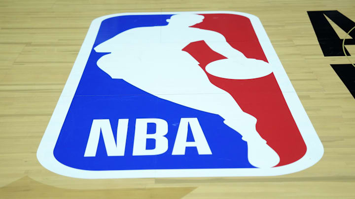 NBA logo at center court in Utah.