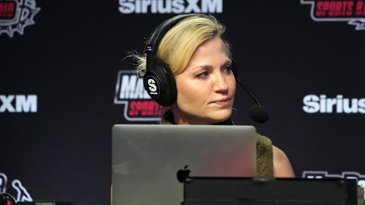 Michelle Beadle on the Sirius XM Mad Dog Sports radio set at Super Bowl 58. Michelle Beadle on the Sirius XM Mad Dog Sports radio set at Super Bowl 58.