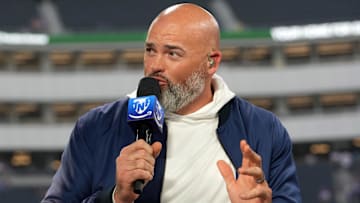 Oct 24, 2024; Inglewood, California, USA; Andrew Whitworth on the Thursday Night Football Tonight set at SoFi Stadium. Mandatory Credit: Kirby Lee-Imagn Images