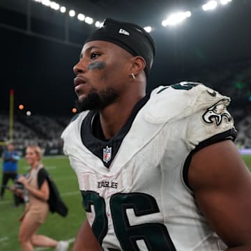 Sep 6, 2024; Sao Paulo, Brazil; Philadelphia Eagles running back Saquon Barkley (26) leaves the field after the 2024 NFL Sao Paolo Game against the Green Bay Packers at Neo Quimica Arena. Mandatory Credit: Kirby Lee-Imagn Images