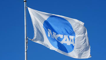 Jun 11, 2025; Eugene, OR, USA;A NCAA logo flag at the NCAA Track and Field Championships at Hayward Field. Mandatory Credit: Kirby Lee-Imagn Images