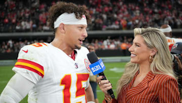 Oct 27, 2024; Paradise, Nevada, USA; Kansas City Chiefs quarterback Patrick Mahomes (15) is interviewed by CBS Sports reporter Melanie Collins after the game against the Las Vegas Raiders at Allegiant Stadium. Mandatory Credit: Kirby Lee-Imagn Images