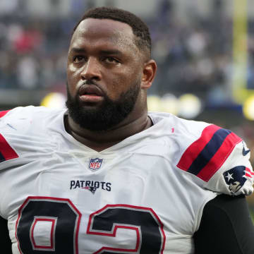 Oct 31, 2021; Inglewood, California, USA; New England Patriots nose tackle Davon Godchaux (92) reacts after the game against the Los Angeles Chargers at SoFi Stadium. The Patriots defeated the Chargers 27-24. Mandatory Credit: Kirby Lee-USA TODAY Sports