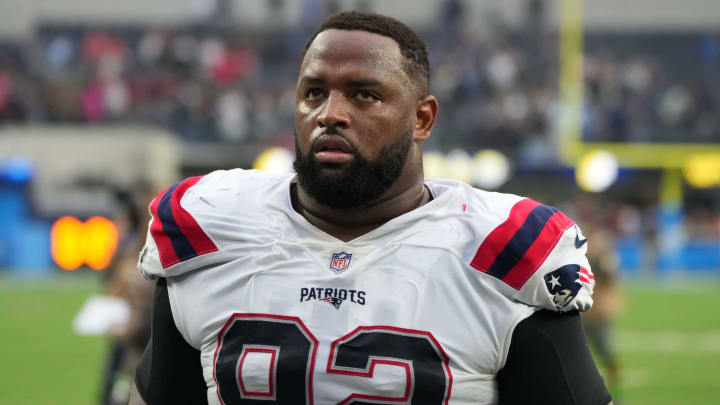 Oct 31, 2021; Inglewood, California, USA; New England Patriots nose tackle Davon Godchaux (92) reacts after the game against the Los Angeles Chargers at SoFi Stadium. The Patriots defeated the Chargers 27-24. Mandatory Credit: Kirby Lee-USA TODAY Sports