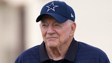 Jul 26, 2025; Oxnard, CA, USA; Dallas Cowboys owner Jerry Jones at training camp at the River Ridge Fields. Mandatory Credit: Kirby Lee-Imagn Images