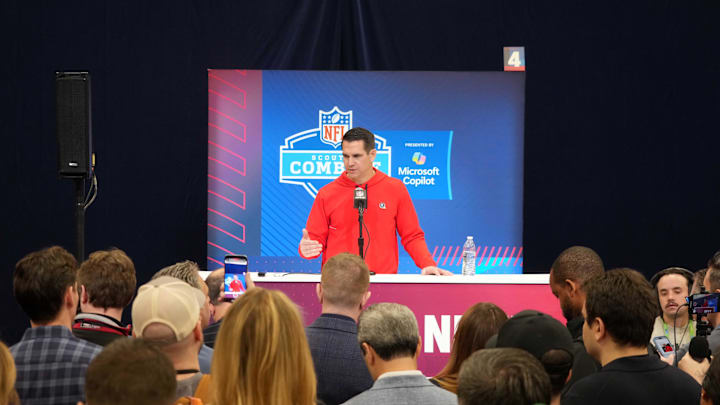 New York Giants general manager Joe Schoen speaks during the NFL Scouting Combine at the Indiana Convention Center.