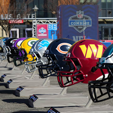 Feb 28, 2024; Indianapolis, IN, USA; A general view of large Philadelphia Eagles, Washington Commanders and Chicago Bears helmets at the NFL Scouting Combine Experience at Lucas Oil Stadium. Mandatory Credit: Kirby Lee-Imagn Images