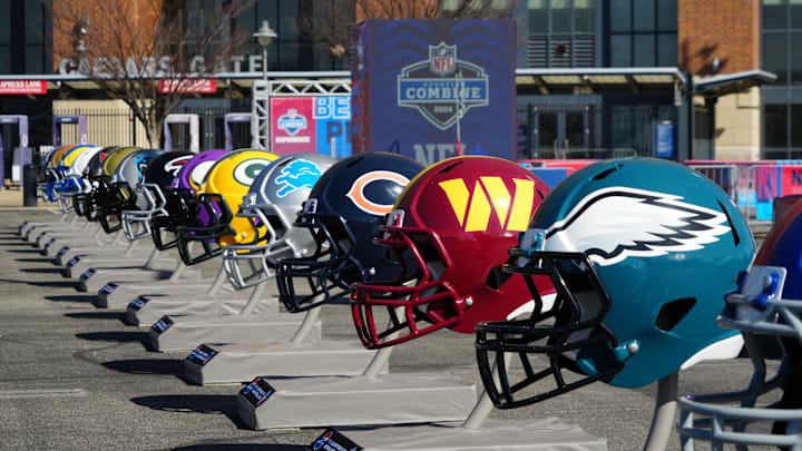 Feb 28, 2024; Indianapolis, IN, USA; A general view of large Philadelphia Eagles, Washington Commanders and Chicago Bears helmets at the NFL Scouting Combine Experience at Lucas Oil Stadium. Mandatory Credit: Kirby Lee-Imagn Images