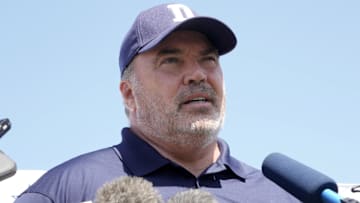 Dallas Cowboys coach Mike McCarthy at press conference during joint practice against the Los Angeles Chargers at Jack Hammett Sports Complex.