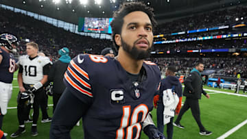 Chicago Bears quarterback Caleb Williams (18) reacts after an NFL International Series game against the Jacksonville Jaguars at Tottenham Hotspur Stadium.