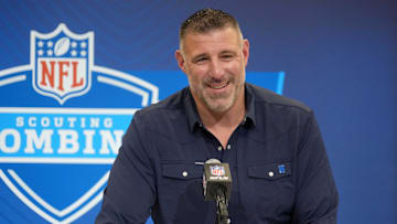 Feb 25, 2025; Indianapolis, IN, USA; New England Patriots coach Mike Vrabel speaks during the NFL Scouting Combine at the Indiana Convention Center. Mandatory Credit: Kirby Lee-Imagn Images
