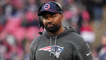Oct 20, 2024; London, United Kingdom; New England Patriots coach Jerod Mayo watches from the sidelines against the New England Patriots in the second half of an NFL International Series game at Wembley Stadium. Mandatory Credit: Kirby Lee-Imagn Images