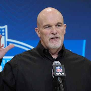 Feb 27, 2025; Indianapolis, IN, USA; Washington Commanders coach Dan Quinn speaks during the 2025 NFL Scouting Combine at the Indiana Convention Center. Mandatory Credit: Kirby Lee-Imagn Images