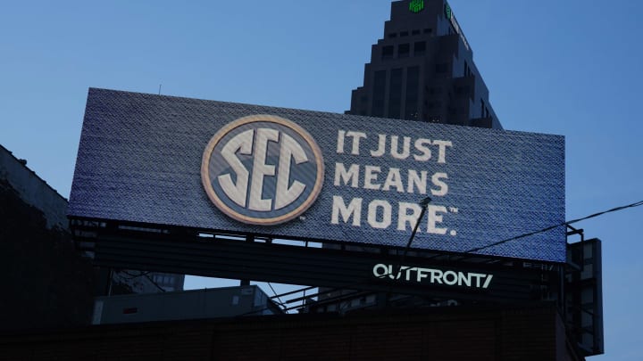 Apr 4, 2024; Cleveland, OH, USA; A SEC logo billboard prior to the NCAA Women's Final Four. Mandatory Credit: Kirby Lee-USA TODAY Sports