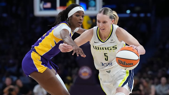 Dallas Wings guard Paige Bueckers dribbles against LA Sparks forward Rickea Jackson. Dallas Wings guard Paige Bueckers dribbles against LA Sparks forward Rickea Jackson.