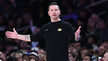 Mar 17, 2025; Los Angeles, California, USA; Los Angeles Lakers coach JJ Redick reacts in the second half against the San Antonio Spurs at Crypto.com Arena. Mandatory Credit: Kirby Lee-Imagn Images