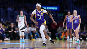 Jun 17, 2025; Los Angeles, California, USA; LA Sparks forward Rickea Jackson (2) pursues the ball in the first half against the Seattle Storm at Crypto.com Arena. Mandatory Credit: Kirby Lee-Imagn Images