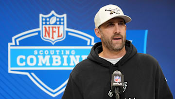 Feb 25, 2025; Indianapolis, IN, USA; Philadelphia Eagles coach Nick Sirianni speaks during the NFL Scouting Combine at the Indiana Convention Center. Mandatory Credit: Kirby Lee-Imagn Images