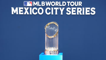 Apr 27, 2024; Mexico City, Mexico; The Commissioner's World Series champion trophy at the MLB World Tour series in Mexico City.