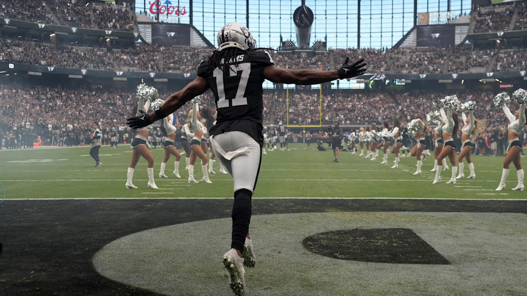 Sep 22, 2024; Paradise, Nevada, USA; Las Vegas Raiders wide receiver Davante Adams (17) enters the field before the game against the Carolina Panthers at Allegiant Stadium. Mandatory Credit: Kirby Lee-Imagn Images