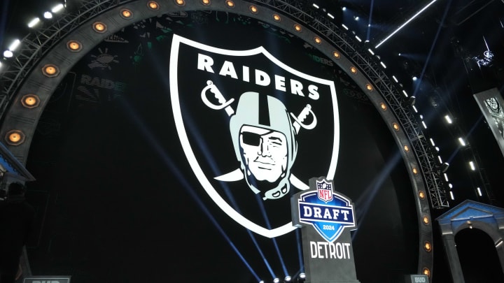 Apr 25, 2024; Detroit, MI, USA; A Las Vegas Raiders logo at the 2024 NFL Draft at Campus Martius Park and Hart Plaza. Mandatory Credit: Kirby Lee-USA TODAY Sports