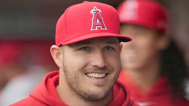 Jun 3, 2024; Anaheim, California, USA; Los Angeles Angels center fielder Mike Trout watches from the dugout during the game against the San Diego Padres at Angel Stadium. Mandatory Credit: Kirby Lee-USA TODAY Sports