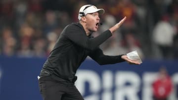 Dec 27, 2023; San Diego, CA, USA; Southern California Trojans head coach Lincoln Riley reacts in the second half against the Louisville Cardinals during the Holiday Bowl at Petco Park. Mandatory Credit: Kirby Lee-USA TODAY Sports