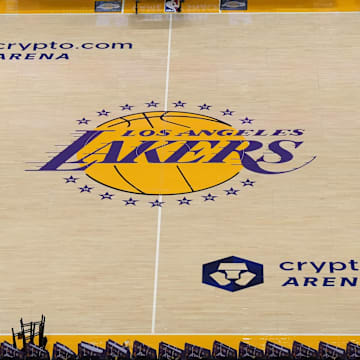 Dec 18, 2023; Los Angeles, California, USA; The Los Angeles Lakers logo at center court at the Crypto.com Arena. Mandatory Credit: Kirby Lee-Imagn Images