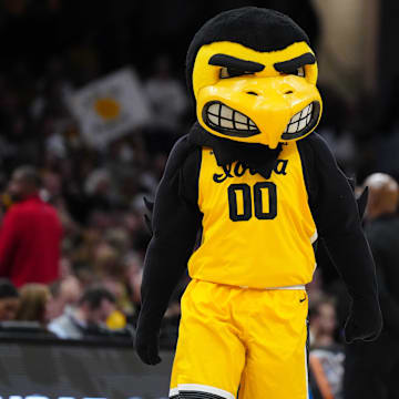 Apr 7, 2024; Cleveland, OH, USA; Iowa Hawkeyes mascot Herkey during the 2024 NCAA Tournament Women's Final Four championship game against the South Carolina Gamecocks at Rocket Mortgage FieldHouse. 