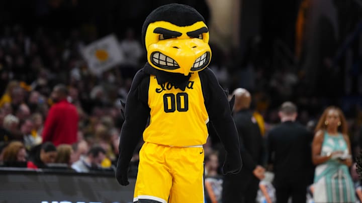 Apr 7, 2024; Cleveland, OH, USA; Iowa Hawkeyes mascot Herkey during the 2024 NCAA Tournament Women's Final Four championship game against the South Carolina Gamecocks at Rocket Mortgage FieldHouse. 