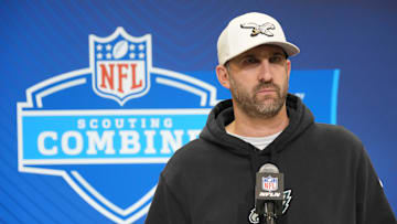 Feb 25, 2025; Indianapolis, IN, USA; Philadelphia Eagles coach Nick Sirianni speaks during the NFL Scouting Combine at the Indiana Convention Center. Mandatory Credit: Kirby Lee-Imagn Images