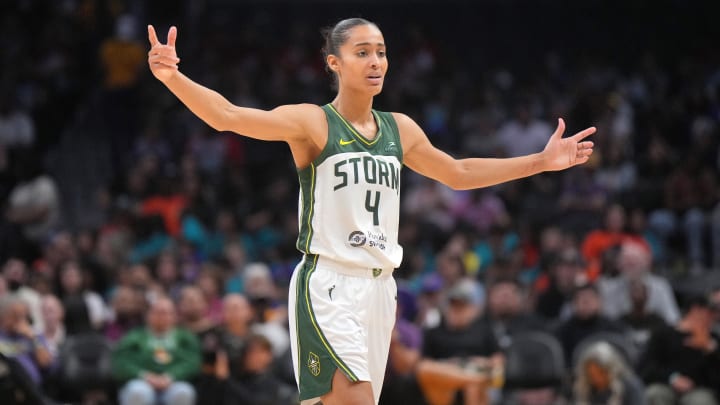 Jul 16, 2024; Los Angeles, California, USA; Seattle Storm guard Skylar Diggins-Smith (4) reacts in the second half against the LA Sparks at Crypto.com Arena. Mandatory Credit: Kirby Lee-USA TODAY Sports