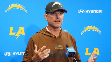 Jun 13, 2024; Costa Mesa, CA, USA; Los Angeles Chargers head coach Jim Harbaugh at a press conference during minicamp at the Hoag Performance Center.  Mandatory Credit: Kirby Lee-USA TODAY Sports