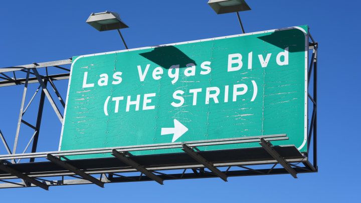 Nov 26, 2023; Paradise, Nevada, USA; A Las Vegas Blvd. and the strip sign. Mandatory Credit: Kirby Lee-USA TODAY Sports