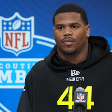 Feb 27, 2025; Indianapolis, IN, USA; Penn State defensive lineman Abdul Carter (DL44) during the 2025 NFL Scouting Combine at the Indiana Convention Center. 