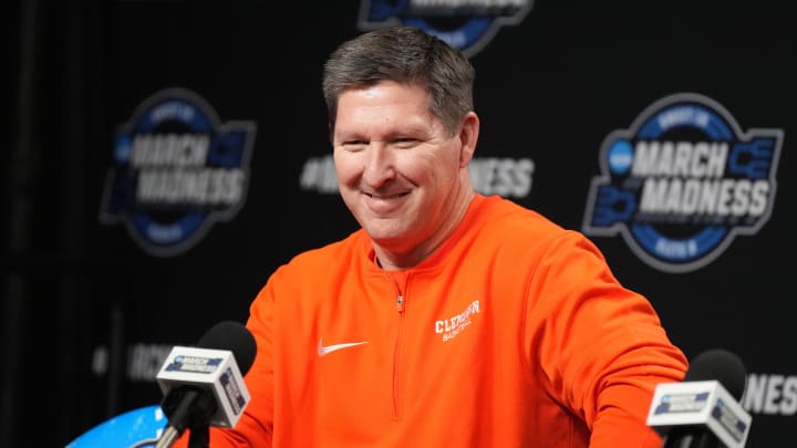 Mar 27, 2024; Los Angeles, CA, USA; Clemson Tigers head coach Brad Brownell during a press conference prior to NCAA Tournament at West Regional at Crypto.com Arena. 