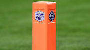 A pylon with the Mountain West Conference logo during the Mountain West Championship at Allegiant Stadium. Mandatory Credit: Kirby Lee-Imagn Images
