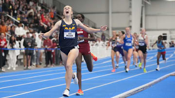 Mar 15, 2025; Virginia Beach, VA, USA; Ceili McCabe of West Virginia wins the women's 3,000m in 9:01.12 during the NCAA Indoor Championships at Virginia Beach Sports Center. Mandatory Credit: Kirby Lee-Imagn Images