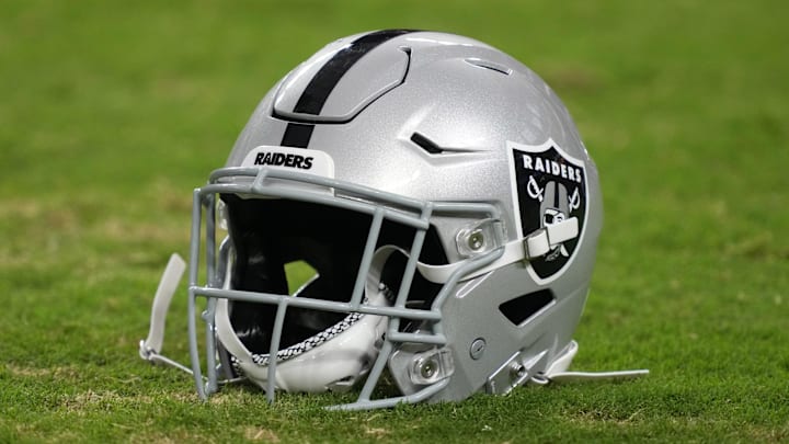 Aug 23, 2024; Paradise, Nevada, USA; A Las Vegas Raiders Riddell speedflex helmet on the field at Allegiant Stadium. Mandatory Credit: Kirby Lee-Imagn Images