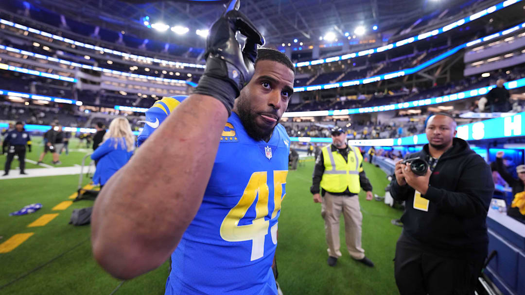Dec 8, 2022; Inglewood, California, USA; Los Angeles Rams linebacker Bobby Wagner (45 celebrates after the game against the Las Vegas Raiders at SoFi Stadium. The Rams defeated the Raiders 17-16. Mandatory Credit: Kirby Lee-Imagn Images