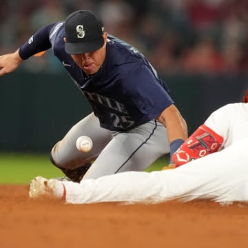 Los Angeles Angels left fielder Taylor Ward slides into second base during a game against the Seattle Mariners on Saturday at Angel Stadium in Anaheim, Calif.