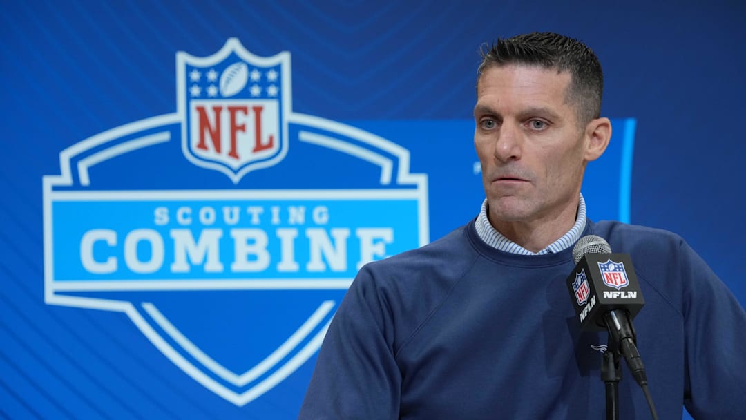 Feb 27, 2025; Indianapolis, IN, USA; Houston Texans general manager Nick Caserio speaks during the 2025 NFL Scouting Combine at the Indiana Convention Center. Mandatory Credit: Kirby Lee-Imagn Images