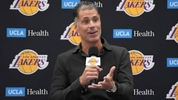 Sep 25, 2024; El Segundo, CA, USA; Los Angeles Lakers general manager Rob Pelinka at press conference at UCLA Health Training Center. Mandatory Credit: Kirby Lee-Imagn Images