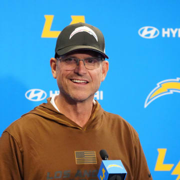 Jun 13, 2024; Costa Mesa, CA, USA; Los Angeles Chargers head coach Jim Harbaugh at a press conference during minicamp at the Hoag Performance Center.  Mandatory Credit: Kirby Lee-USA TODAY Sports